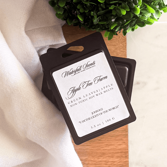 Apple Tree Farm black clamshell natural wax melts with fresh apple, cinnamon, oak wood, and vanilla for wax melt warmers.