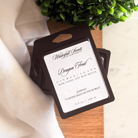 Dragon Fruit black clamshell natural wax melts with citrus, agave, lime, sugar, and peach for wax melt warmers.