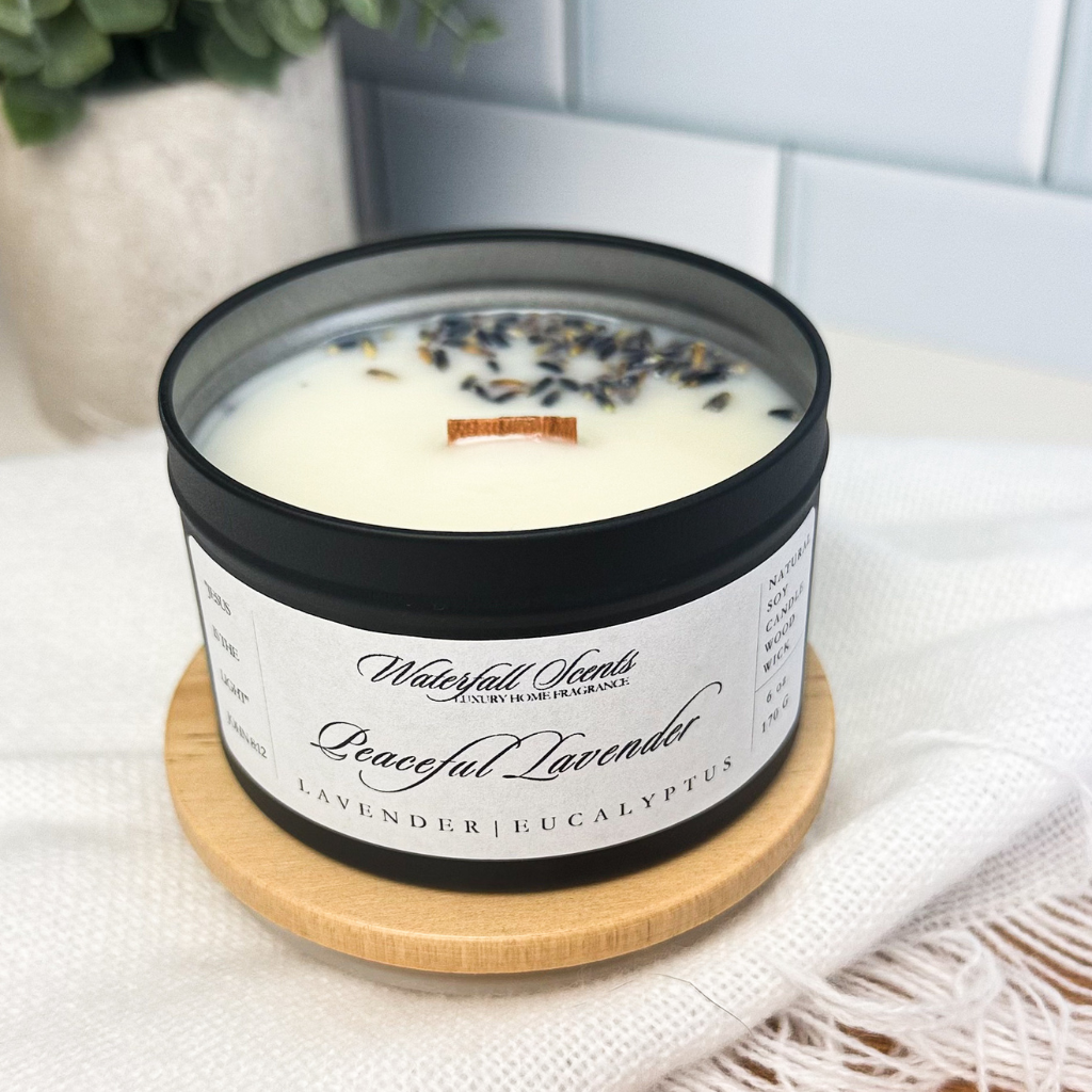 Peaceful Lavender candle in a travel-friendly silver tin – hand poured Christian candle with a wooden wick, clean burning 100% soy wax, perfect for devotion time and has dried lavender in it.