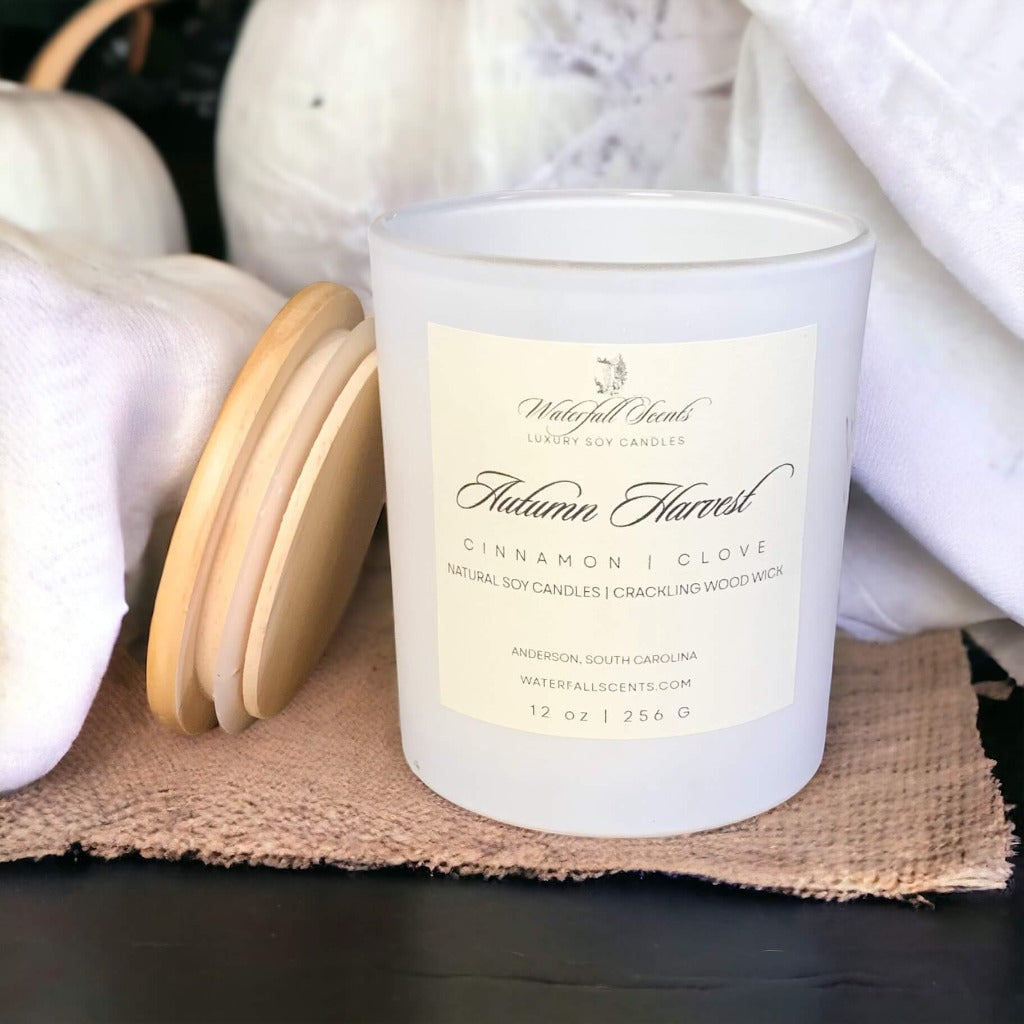 Embrace self-care with the comforting glow of our Autumn Harvest Wood Wick Soy Candles, specially crafted for women seeking a tranquil escape into the cozy warmth of fall and moments of rejuvenating relaxation.