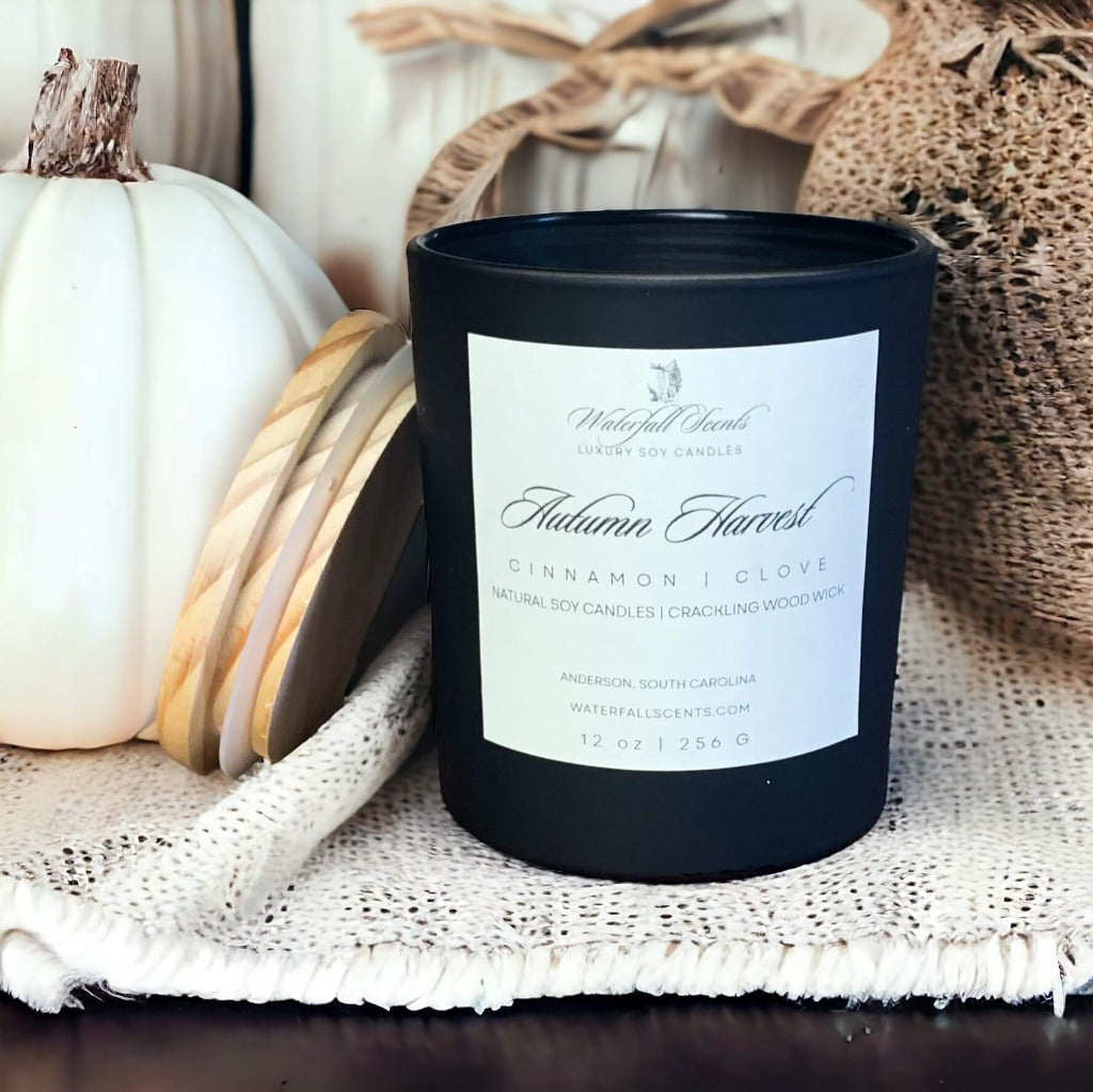 Autumn Harvest Candle – A non-toxic, eco-friendly wood wick candle with cinnamon, citrus, apple, pecan, and cedar. Perfect for creating a cozy, Christian-inspired atmosphere