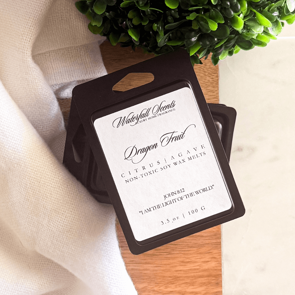 Dragon Fruit black clamshell natural wax melts with citrus, agave, lime, sugar, and peach for wax melt warmers.