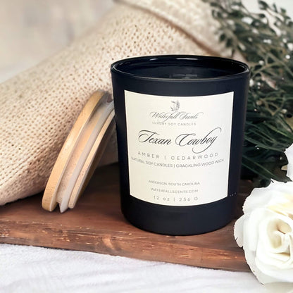 Texan Cowboy Wood Wick Candle, non-toxic, with leather, smoked cedar, amber, vetiver, and musk. Ideal for relaxation, prayer, devotions, and self-care.