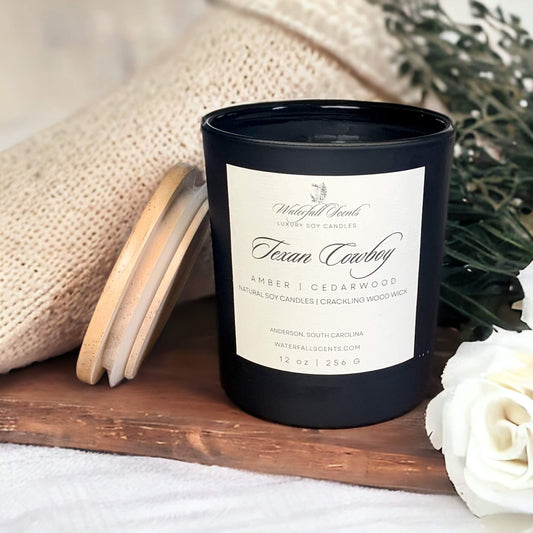 Texan Cowboy Wood Wick Candle, non-toxic, with leather, smoked cedar, amber, vetiver, and musk. Ideal for relaxation, prayer, devotions, and self-care.