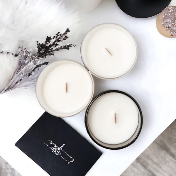 Luxury wood wick soy candles in white and black glass jars