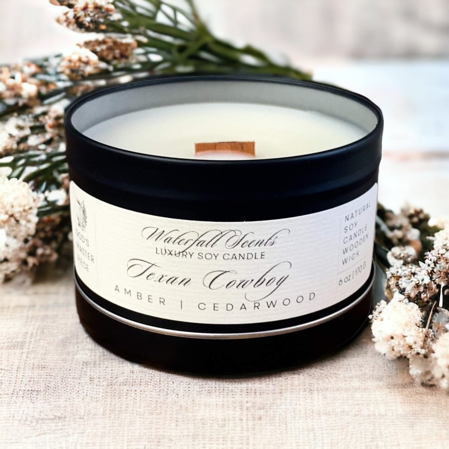 Texan Cowboy Wood Wick Candle, non-toxic, with leather, smoked cedar, amber, vetiver, and musk. Ideal for relaxation, prayer, devotions, and self-care.