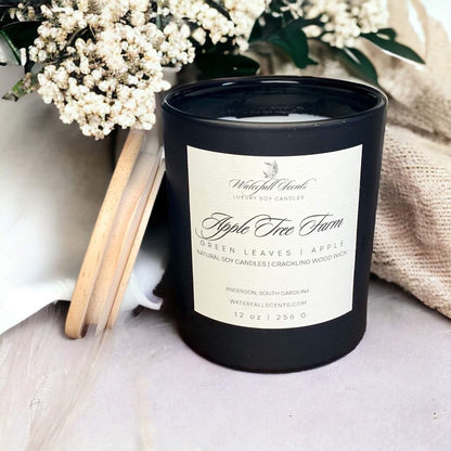 Apple Tree Farm Wooden Wick Candles - A charming display of handcrafted candles with wooden wicks, radiating a warm and inviting glow. Comes in black glass vessels