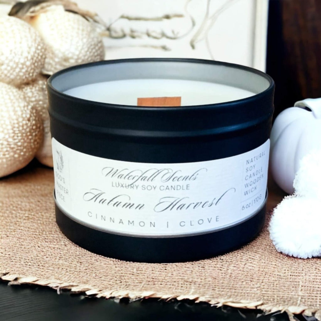 Autumn Harvest Candle – A non-toxic, eco-friendly wood wick candle with cinnamon, citrus, apple, pecan, and cedar. Perfect for creating a cozy, Christian-inspired atmosphere