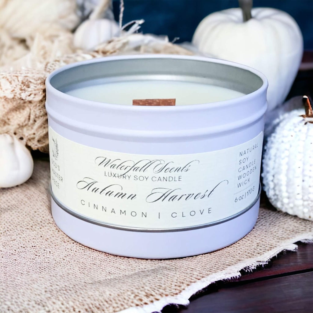 Autumn Harvest Candle – A non-toxic, eco-friendly wood wick candle with cinnamon, citrus, apple, pecan, and cedar. Perfect for creating a cozy, Christian-inspired atmosphere