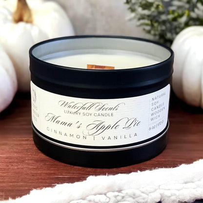 Mama's Apple Pie Wooden Wick Candles - Experience the comforting aroma of freshly baked apple pie with these handcrafted candles, perfect for a cozy atmosphere. Comes in Black Tin Vessel