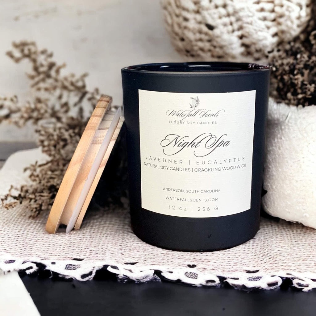 Night Spa Wood Wick Candle made with soy wax and clean ingredients, non-toxic, eco-friendly, and perfect for creating a relaxing, calming atmosphere.