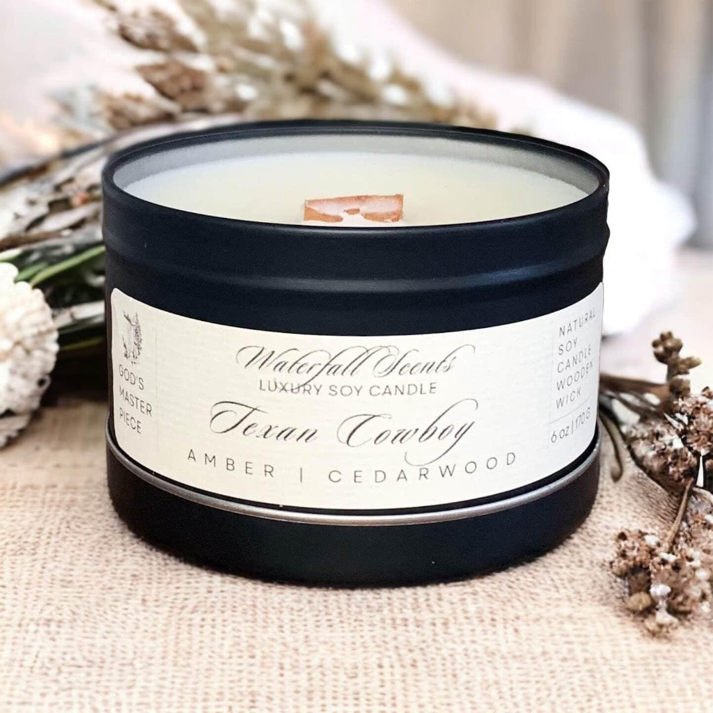 Texan Cowboy Wood Wick Candle, non-toxic, eco-friendly, with leather, smoked cedar, amber, vetiver, and musk. Ideal for relaxation, prayer, devotions, and self-care.