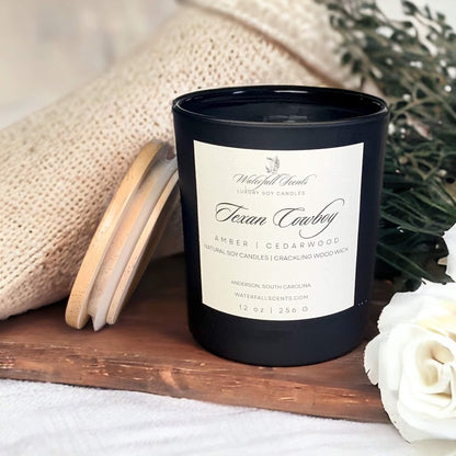 Texan Cowboy Wood Wick Candle, non-toxic, eco-friendly, with leather, smoked cedar, amber, vetiver, and musk. Ideal for relaxation, prayer, devotions, and self-care.