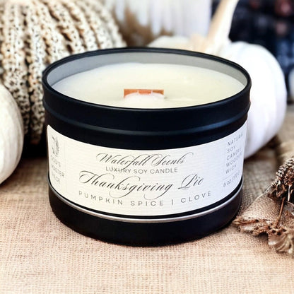 Thanksgiving Pie Wooden Wick Candles - Embrace the spirit of Thanksgiving with these handcrafted candles, capturing the warm and inviting scents of holiday pies. Comes in Black Vessels