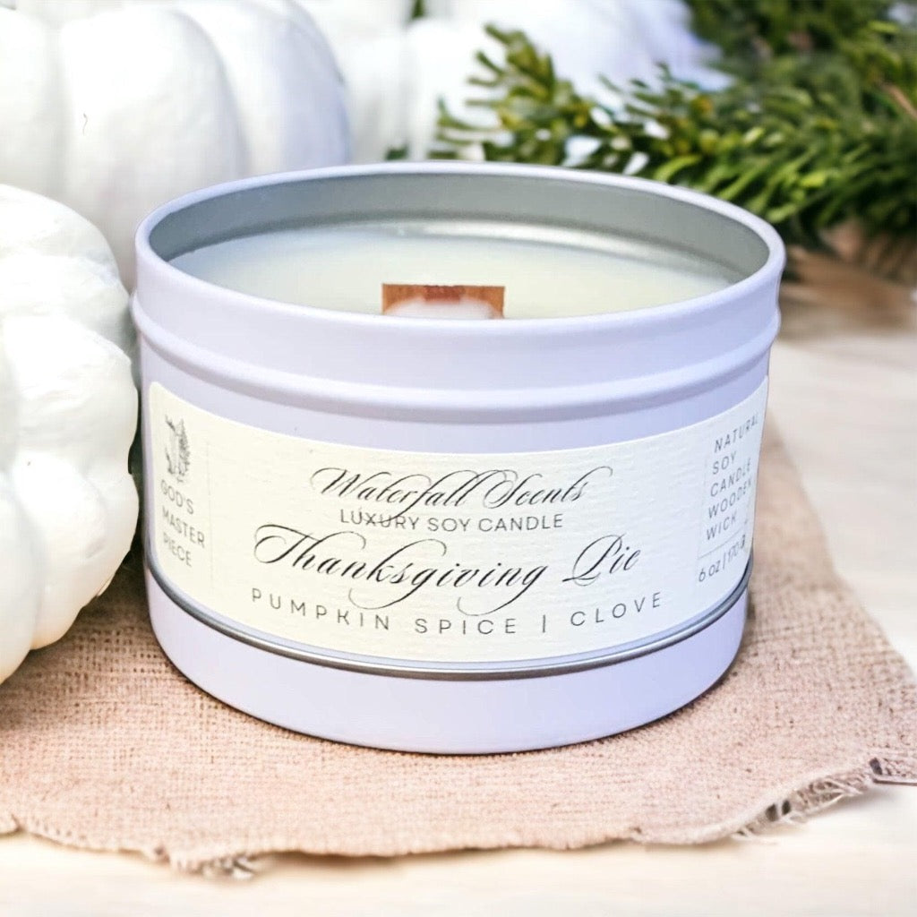 Thanksgiving Pie Wooden Wick Candles - Embrace the spirit of Thanksgiving with these handcrafted candles, capturing the warm and inviting scents of holiday pies. Comes in White Tin Vessels
