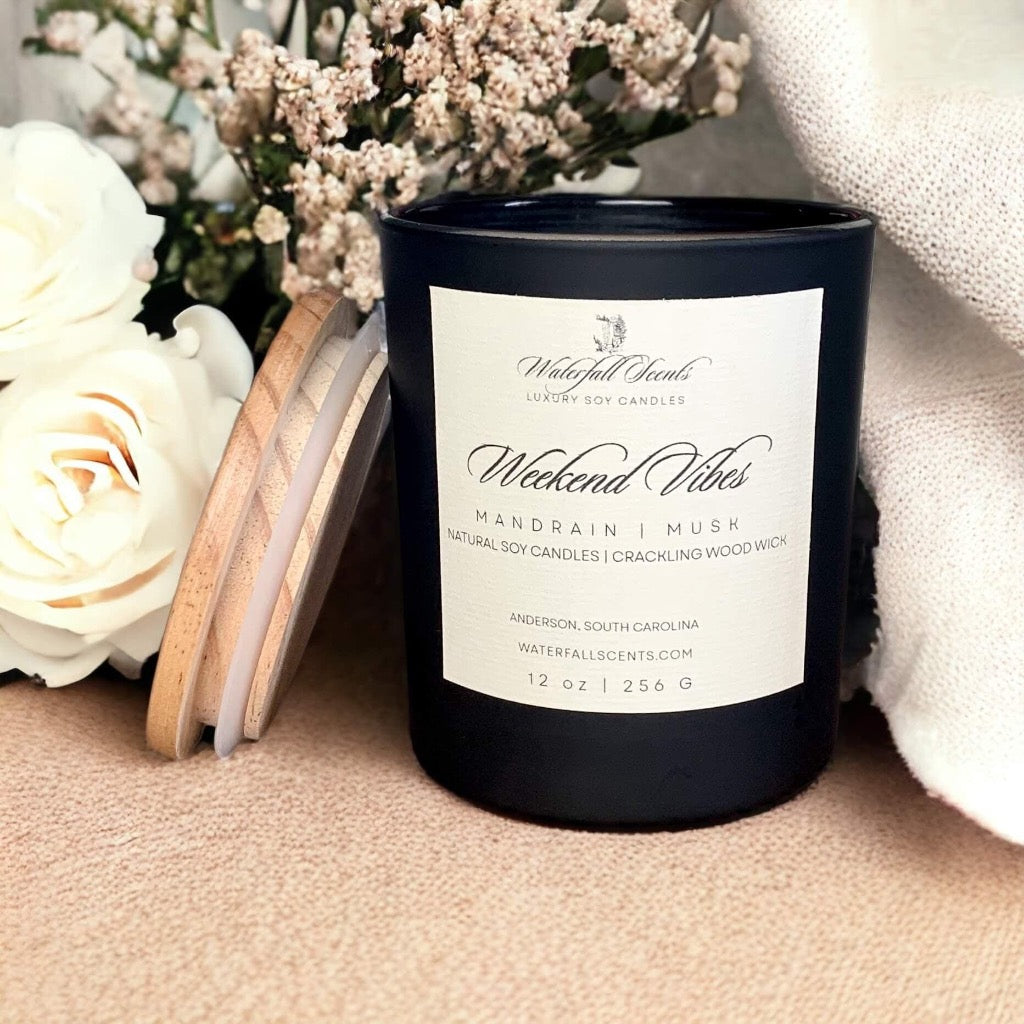  Vibes Wooden Wick Candles - A visual treat of handcrafted candles, setting the tone for a relaxing and rejuvenating weekend getaway at home. Comes in black glass vessels.